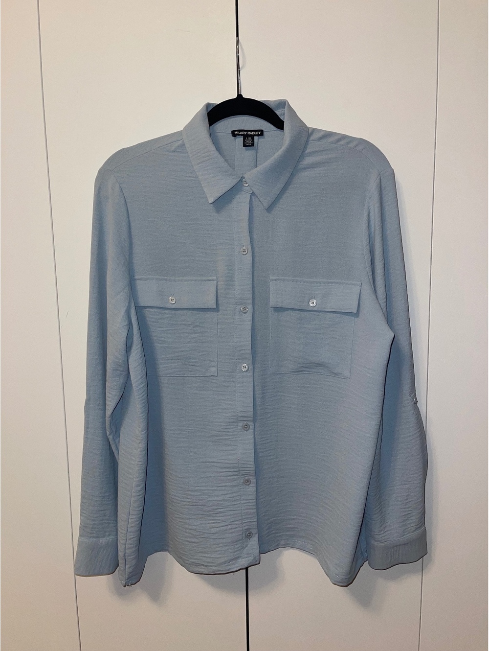 Hilary Radley Light Blue Long Sleeve Button-Up Shirt, Size L/G, 100% Polyester